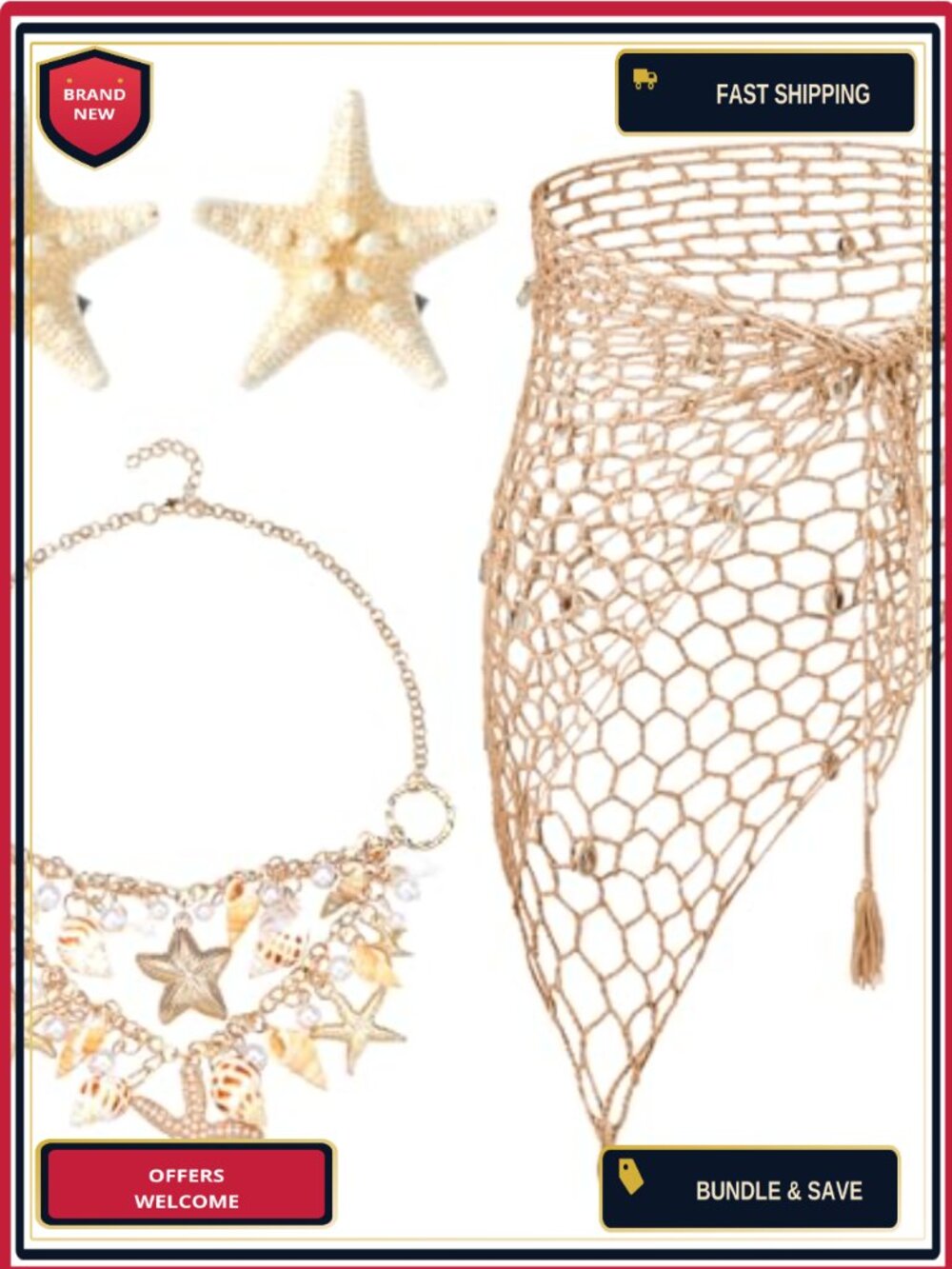 4 Pc Mermaid Halloween Costume Set Crochet Sarong Necklace Hair Clips